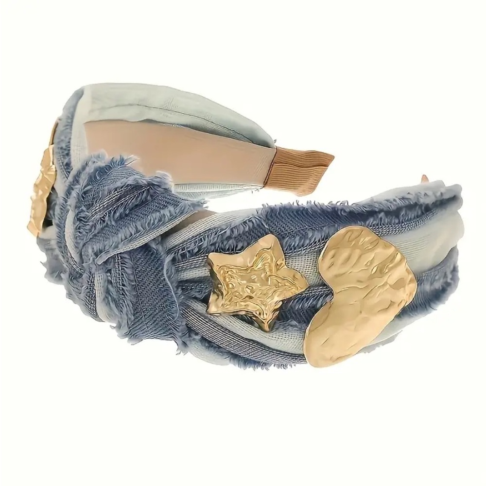 Light Blue Denim Gold Heart & Star Headband